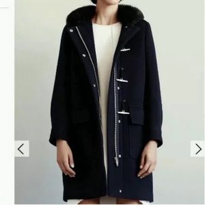New Club Monaco Real Shearling Toggle duffle wool coat with fur hood